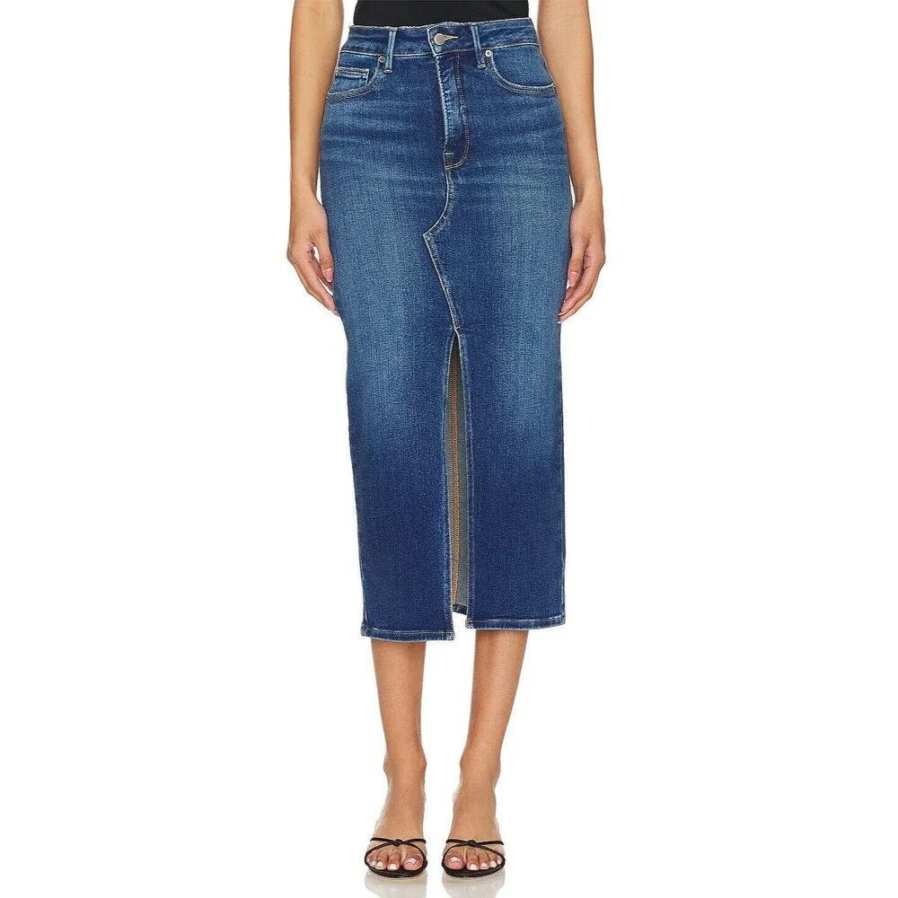 Good American Front Split Slit Blue Jean Midi Skirt Size 2 Revolve - Picture 1 of 7